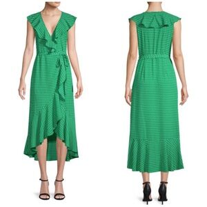Max Studio Green High-Low Wrap MIDI Dress Medium Ruffle floral